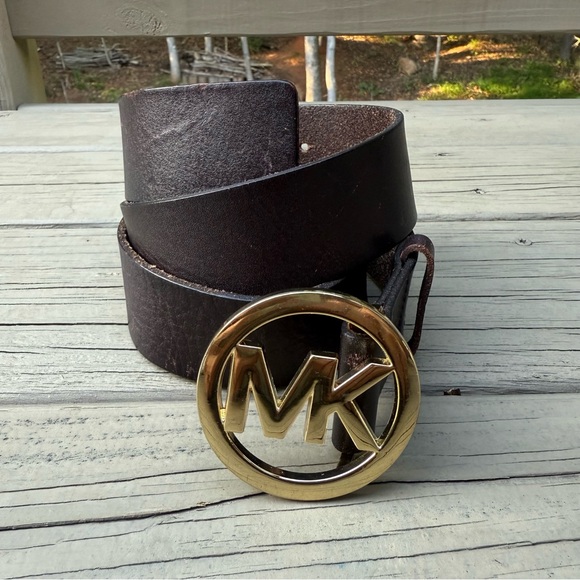 Michael Kors Brown Leather Belt with Gold MK Buckle main image 4